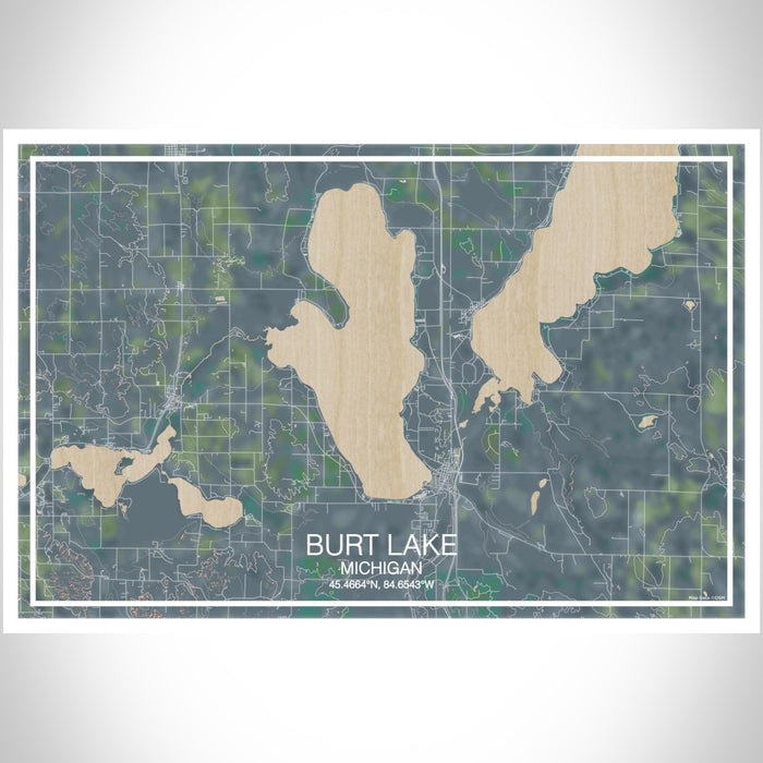 Burt Lake Michigan Map Print Landscape Orientation in Afternoon Style With Shaded Background