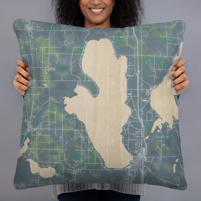 Person holding 22x22 Custom Burt Lake Michigan Map Throw Pillow in Afternoon