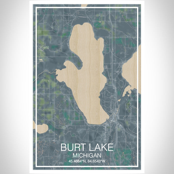 Burt Lake Michigan Map Print Portrait Orientation in Afternoon Style With Shaded Background