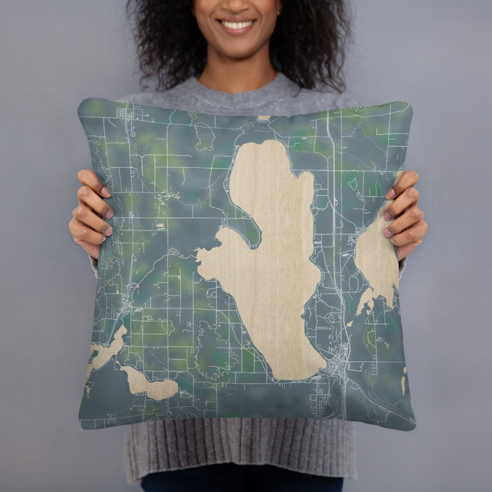 Person holding 18x18 Custom Burt Lake Michigan Map Throw Pillow in Afternoon