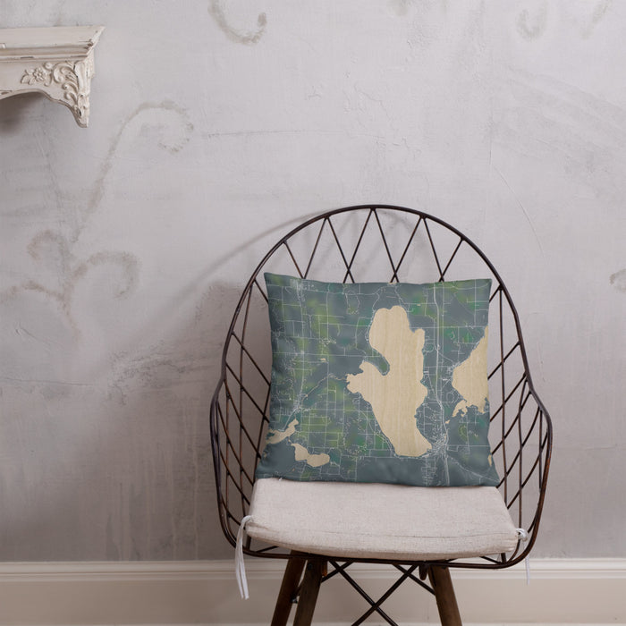 Custom Burt Lake Michigan Map Throw Pillow in Afternoon on Cream Colored Couch