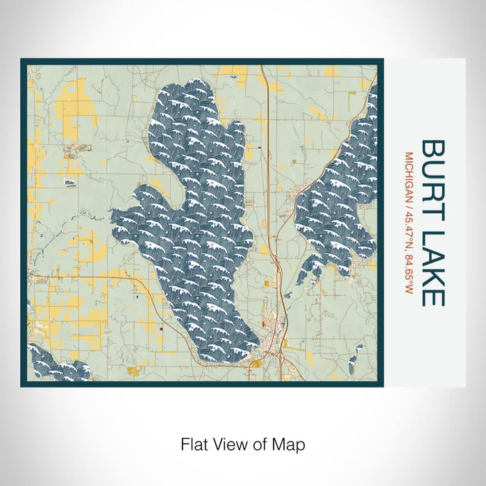 Rendered View of Burt Lake Michigan Map on 20oz Stainless Steel Insulated Bottle with Bamboo Top with printed woodblock style map