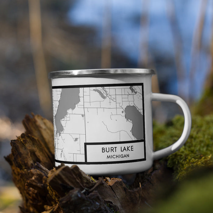Right View Custom Burt Lake Michigan Map Enamel Mug in Classic on Grass With Trees in Background