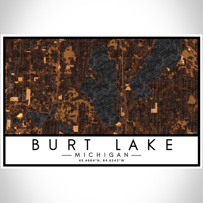 Burt Lake Michigan Map Print Landscape Orientation in Ember Style With Shaded Background