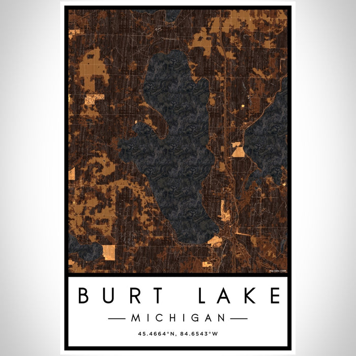 Burt Lake Michigan Map Print Portrait Orientation in Ember Style With Shaded Background