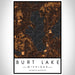 Burt Lake Michigan Map Print Portrait Orientation in Ember Style With Shaded Background