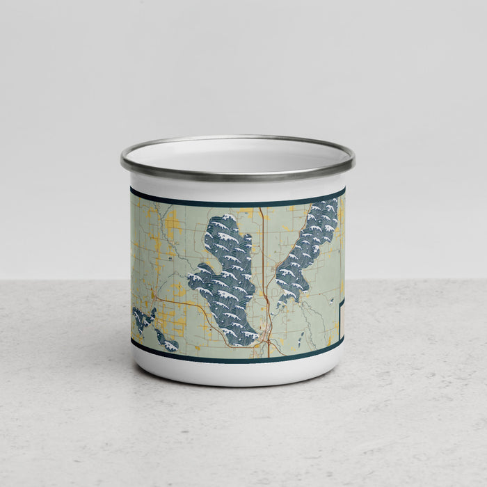 Front View Custom Burt Lake Michigan Map Enamel Mug in Woodblock