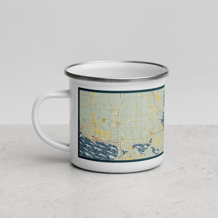 Left View Custom Burt Lake Michigan Map Enamel Mug in Woodblock