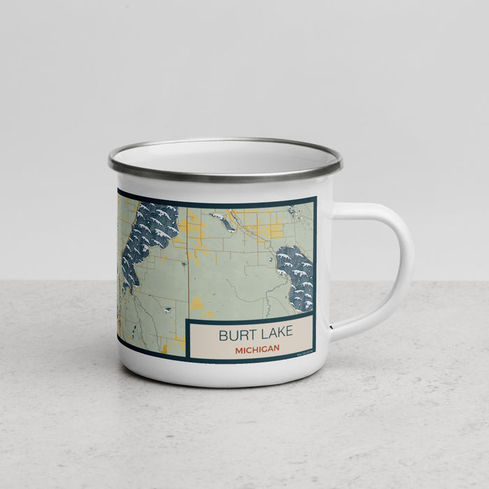 Right View Custom Burt Lake Michigan Map Enamel Mug in Woodblock