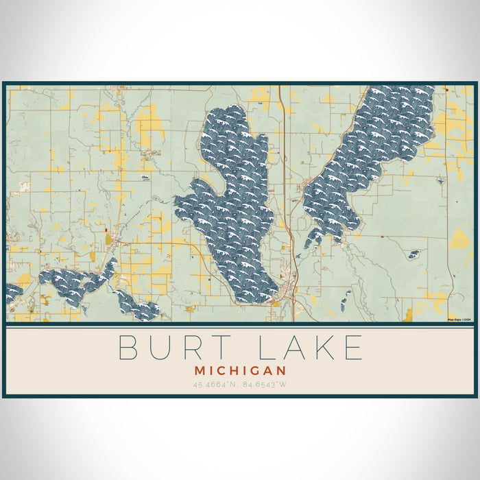 Burt Lake Michigan Map Print Landscape Orientation in Woodblock Style With Shaded Background