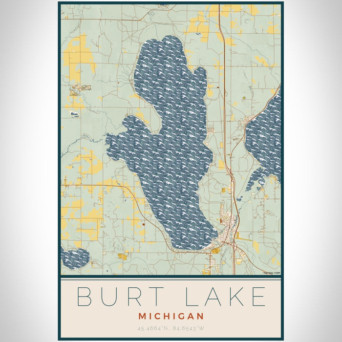 Burt Lake Michigan Map Print Portrait Orientation in Woodblock Style With Shaded Background