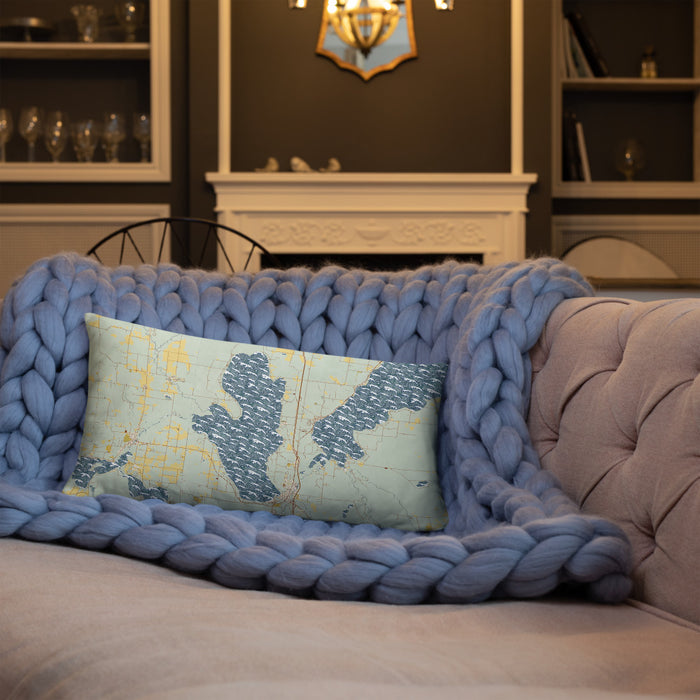 Custom Burt Lake Michigan Map Throw Pillow in Woodblock on Blue Colored Chair