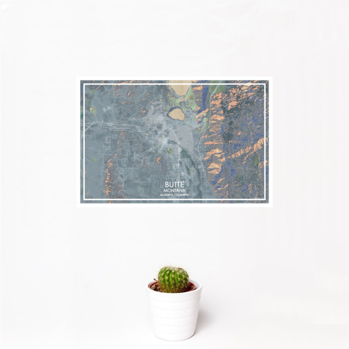 12x18 Butte Montana Map Print Landscape Orientation in Afternoon Style With Small Cactus Plant in White Planter