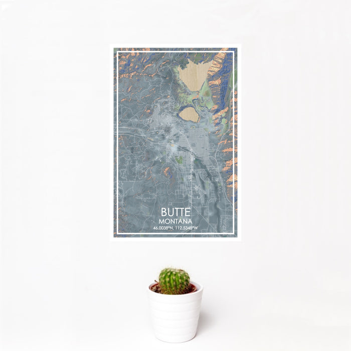 12x18 Butte Montana Map Print Portrait Orientation in Afternoon Style With Small Cactus Plant in White Planter