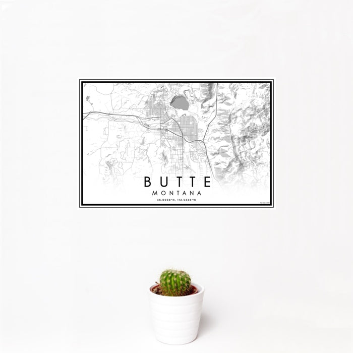 12x18 Butte Montana Map Print Landscape Orientation in Classic Style With Small Cactus Plant in White Planter