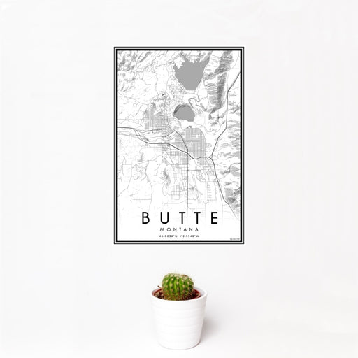 12x18 Butte Montana Map Print Portrait Orientation in Classic Style With Small Cactus Plant in White Planter