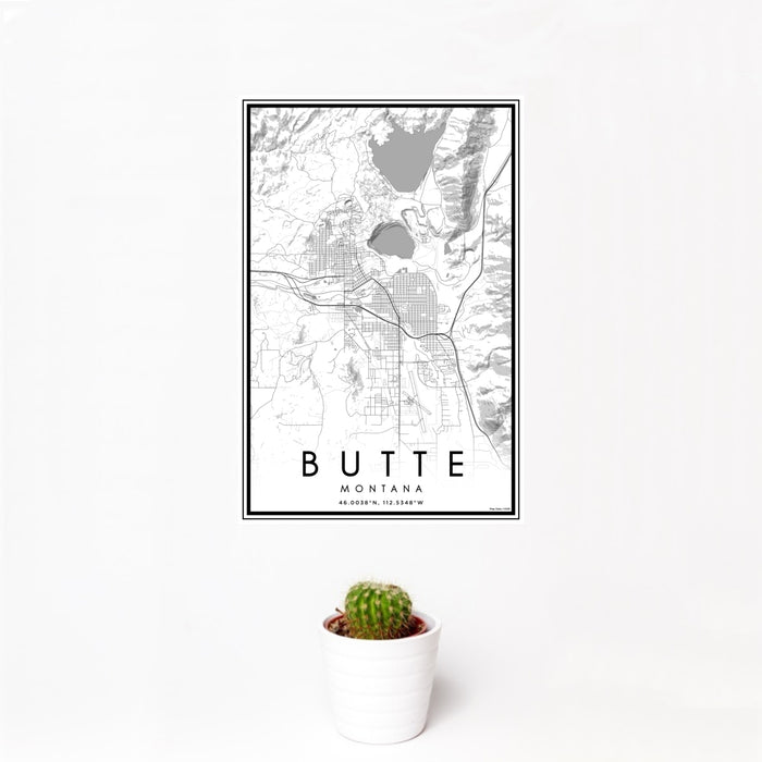 12x18 Butte Montana Map Print Portrait Orientation in Classic Style With Small Cactus Plant in White Planter