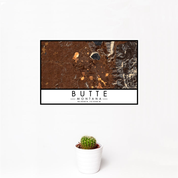 12x18 Butte Montana Map Print Landscape Orientation in Ember Style With Small Cactus Plant in White Planter