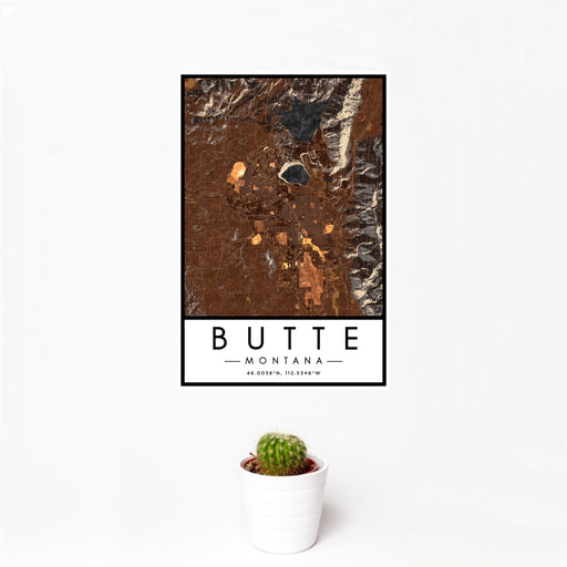 12x18 Butte Montana Map Print Portrait Orientation in Ember Style With Small Cactus Plant in White Planter