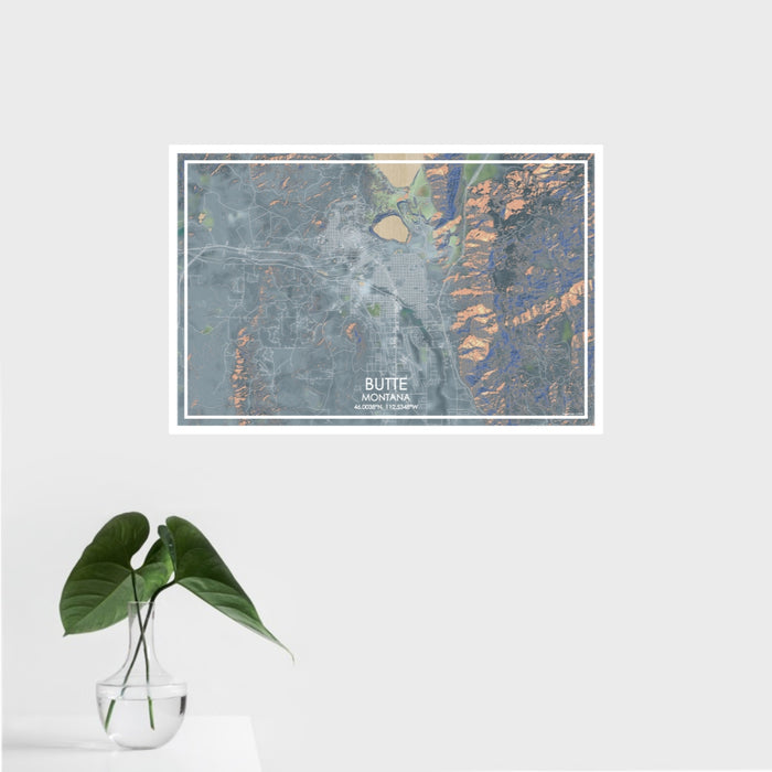 16x24 Butte Montana Map Print Landscape Orientation in Afternoon Style With Tropical Plant Leaves in Water