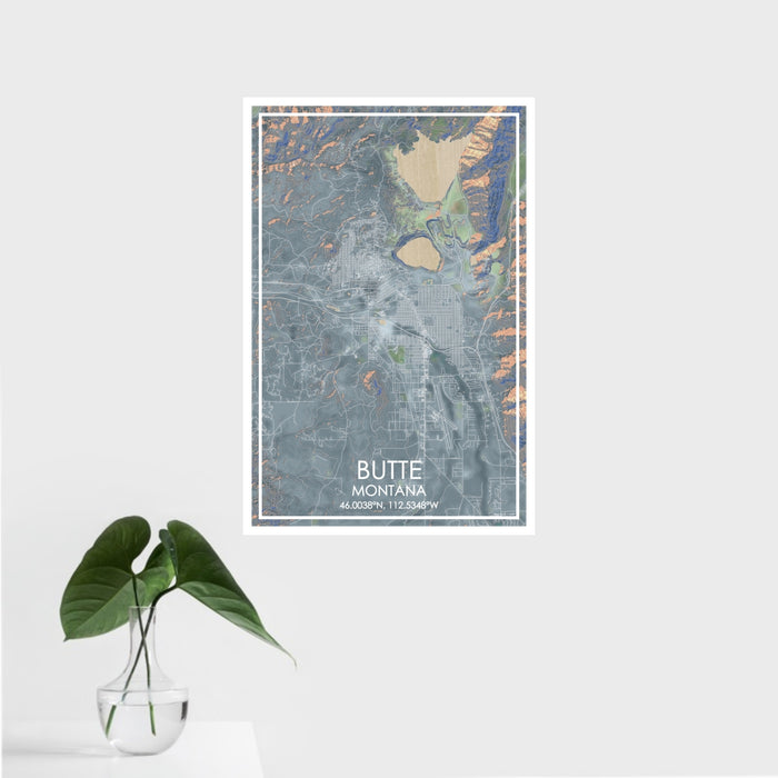16x24 Butte Montana Map Print Portrait Orientation in Afternoon Style With Tropical Plant Leaves in Water