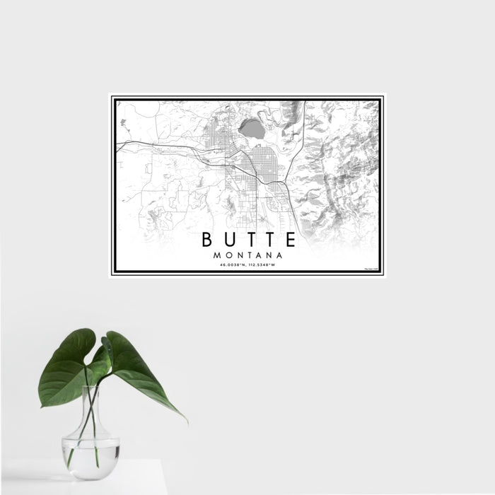 16x24 Butte Montana Map Print Landscape Orientation in Classic Style With Tropical Plant Leaves in Water