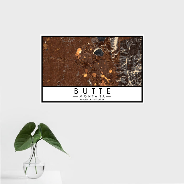 16x24 Butte Montana Map Print Landscape Orientation in Ember Style With Tropical Plant Leaves in Water
