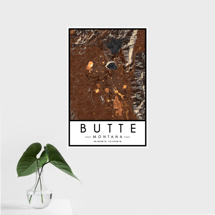 16x24 Butte Montana Map Print Portrait Orientation in Ember Style With Tropical Plant Leaves in Water