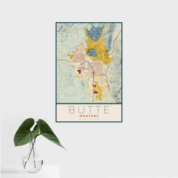 16x24 Butte Montana Map Print Portrait Orientation in Woodblock Style With Tropical Plant Leaves in Water