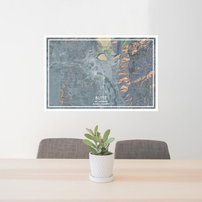 24x36 Butte Montana Map Print Lanscape Orientation in Afternoon Style Behind 2 Chairs Table and Potted Plant