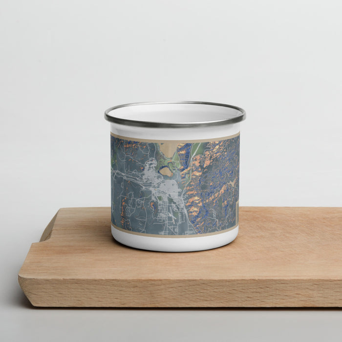 Front View Custom Butte Montana Map Enamel Mug in Afternoon on Cutting Board