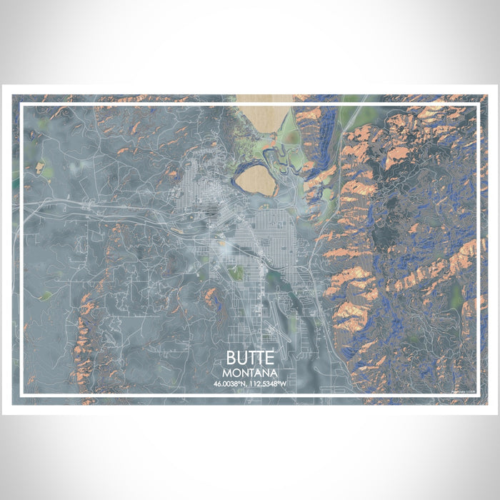 Butte Montana Map Print Landscape Orientation in Afternoon Style With Shaded Background