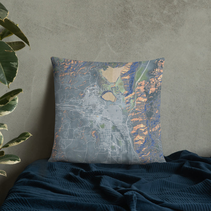 Custom Butte Montana Map Throw Pillow in Afternoon on Bedding Against Wall