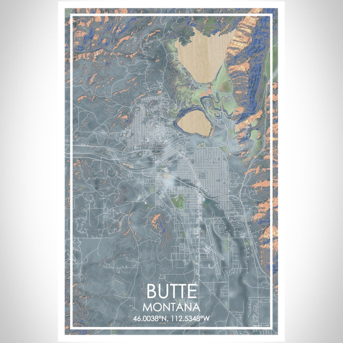 Butte Montana Map Print Portrait Orientation in Afternoon Style With Shaded Background