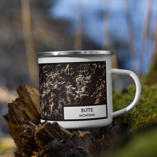 Right View Custom Butte Montana Map Enamel Mug in Ember on Grass With Trees in Background