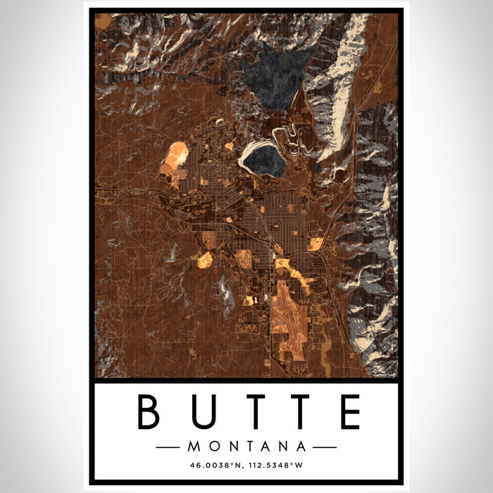 Butte Montana Map Print Portrait Orientation in Ember Style With Shaded Background