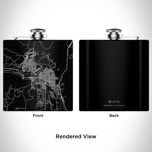 Rendered View of Butte Montana Map Engraving on 6oz Stainless Steel Flask in Black