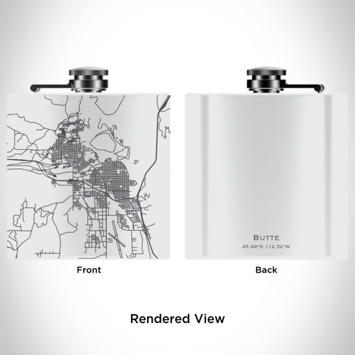 Rendered View of Butte Montana Map Engraving on 6oz Stainless Steel Flask in White