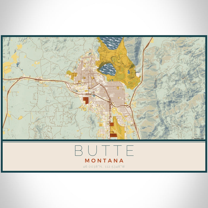 Butte Montana Map Print Landscape Orientation in Woodblock Style With Shaded Background