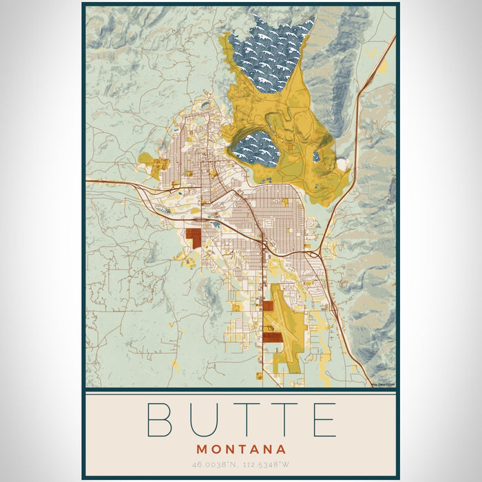 Butte Montana Map Print Portrait Orientation in Woodblock Style With Shaded Background