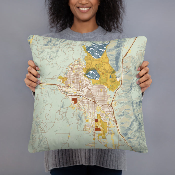 Person holding 18x18 Custom Butte Montana Map Throw Pillow in Woodblock