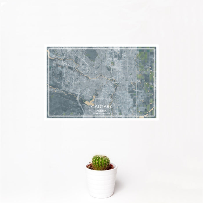 12x18 Calgary Alberta Map Print Landscape Orientation in Afternoon Style With Small Cactus Plant in White Planter