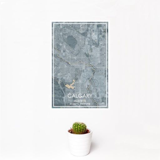 12x18 Calgary Alberta Map Print Portrait Orientation in Afternoon Style With Small Cactus Plant in White Planter