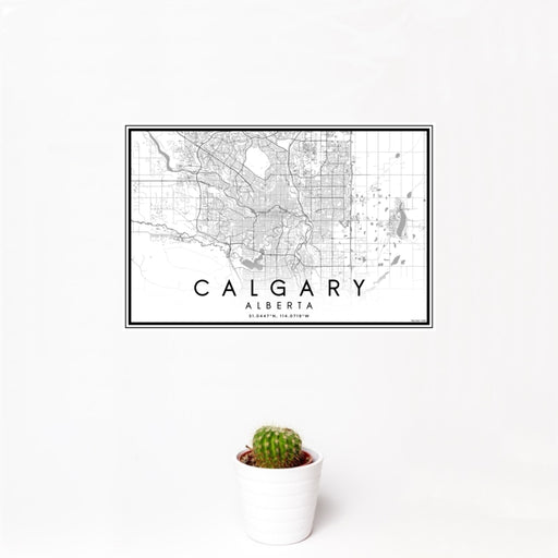 12x18 Calgary Alberta Map Print Landscape Orientation in Classic Style With Small Cactus Plant in White Planter