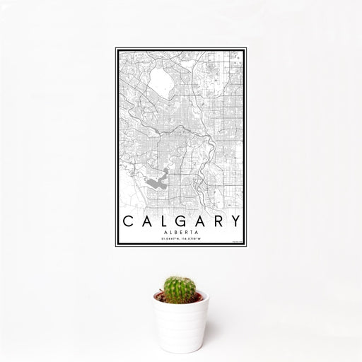 12x18 Calgary Alberta Map Print Portrait Orientation in Classic Style With Small Cactus Plant in White Planter