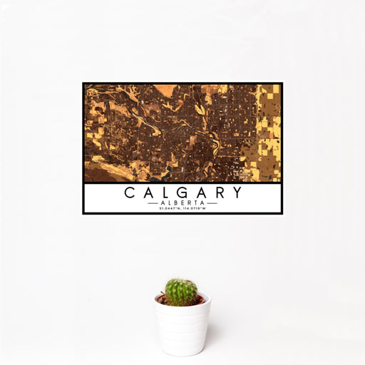 12x18 Calgary Alberta Map Print Landscape Orientation in Ember Style With Small Cactus Plant in White Planter