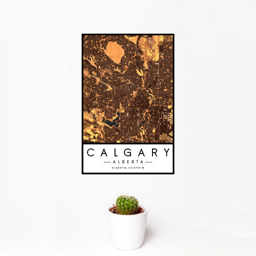 12x18 Calgary Alberta Map Print Portrait Orientation in Ember Style With Small Cactus Plant in White Planter