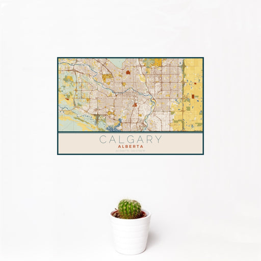 12x18 Calgary Alberta Map Print Landscape Orientation in Woodblock Style With Small Cactus Plant in White Planter
