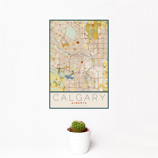 12x18 Calgary Alberta Map Print Portrait Orientation in Woodblock Style With Small Cactus Plant in White Planter
