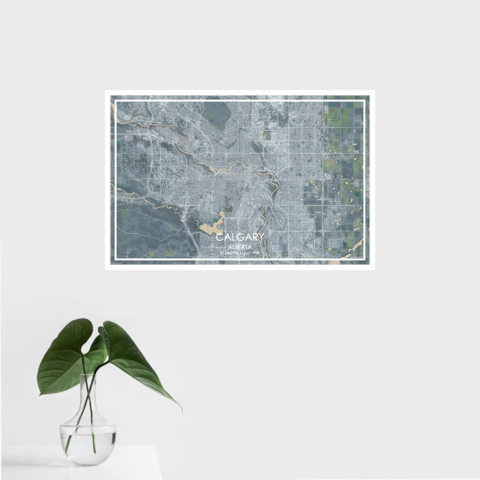 16x24 Calgary Alberta Map Print Landscape Orientation in Afternoon Style With Tropical Plant Leaves in Water